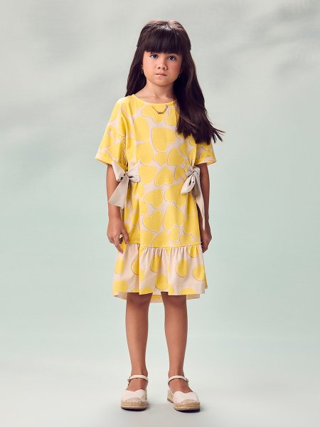Vestido Infantil Menina Animê Composé Amarelo Citrus com Laços Laterais e Correntaria