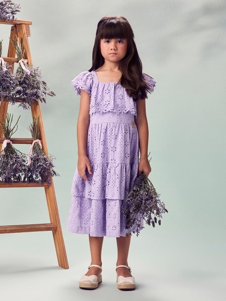 Vestido Infantil Menina de Laise com Babados e Renda Guipir Animê