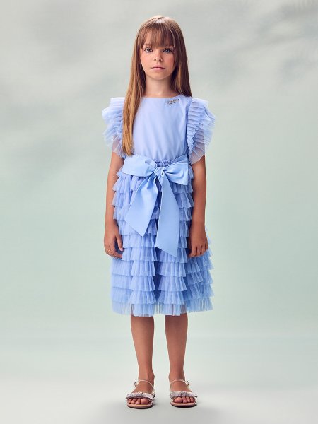 Vestido Infantil Menina Animê Azul Baby de Babados de Tule com Faixa Laço
