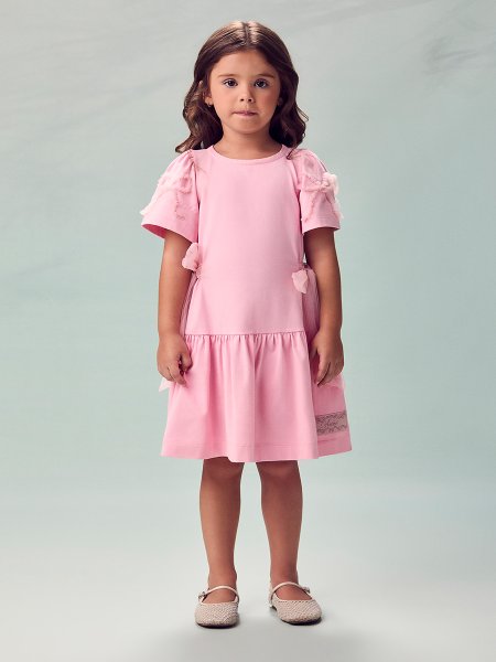 Vestido Infantil Menina Animê Rosa Baby com Laços e Bordados de Tule