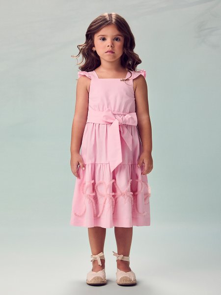 Vestido Infantil Menina de Tricoline com Bordado de Tule e Laço Animê