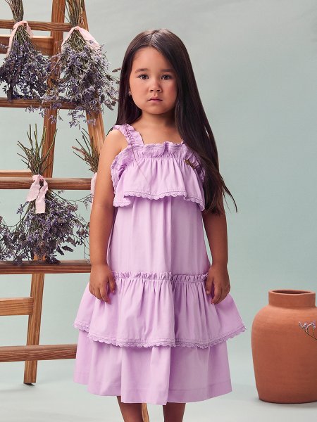 Vestido Infantil Menina Animê Lilás com Babados Franzidos e Sianinha