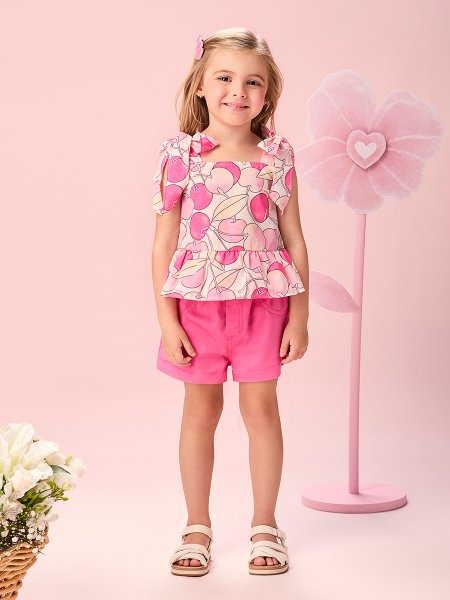 Conjunto Infantil Menina de Cerejas Pink com Alças Laço Momi