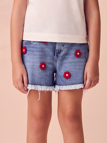 Shorts Jeans Infantil Menina com Flores de Crochê Animê