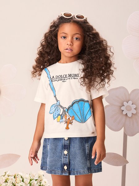 Blusa Infantil Menina com Estampa de Bolsa Concha com Charms e Strass Momi