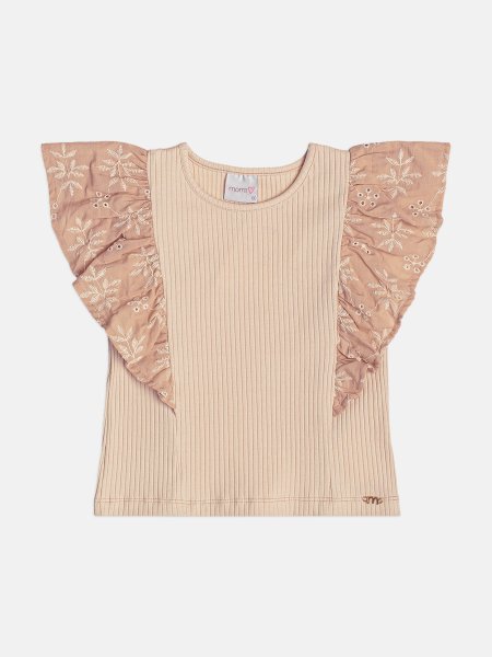 Blusa Infantil Menina Bege Canelada com Babado de Laise Bordada Momi