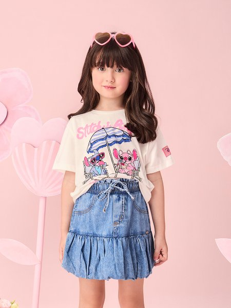 Blusa Infantil Menina Dias de Praia do Stitch e Angel com Strass Momi