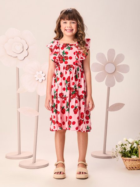 Vestido Infantil Menina Vermelho Preppy com Mangas Evasê e Strass Momi