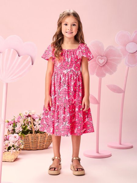 Vestido Infantil Menina Pink Neon Flowers com Mangas Evasê Momi
