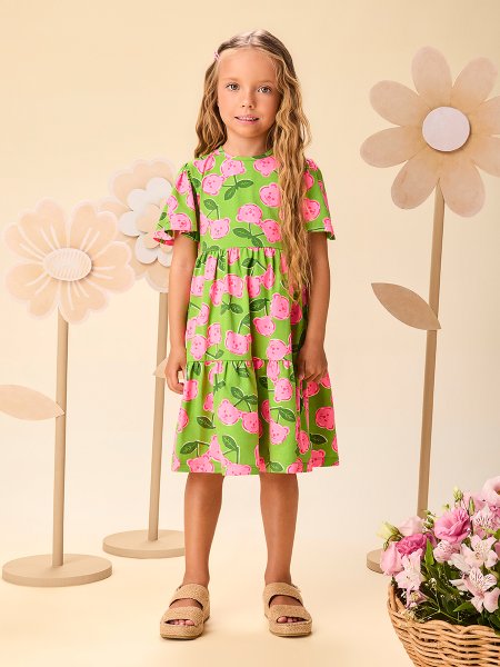 Vestido Infantil Menina Cherry Bear Neon com Mangas Evasê e Decote Momi