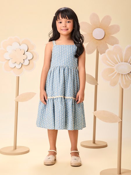 Vestido Infantil Menina de Chambray com Bordado de Flores Momi