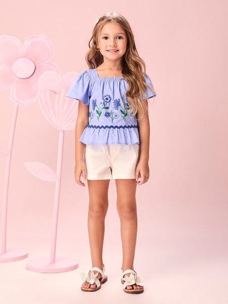 Conjunto Infantil Menina de Tricoline Bordada de Flores com Sianinha Momi