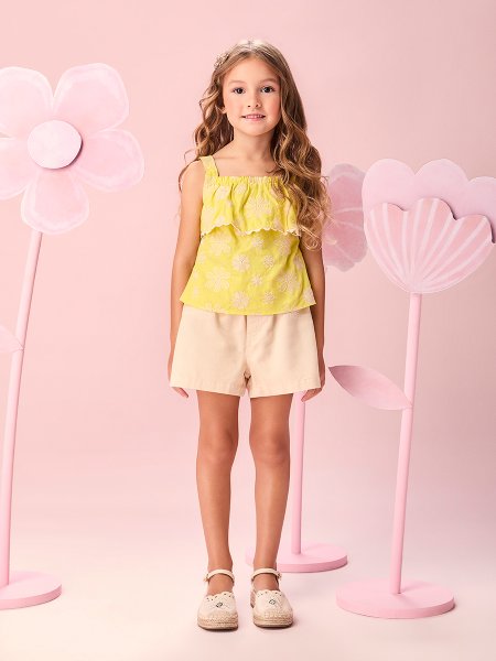 Conjunto Infantil Menina de Tricoline Amarelo Citrus com Bordado Momi