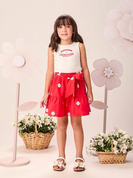 Conjunto Infantil Menina Tricoline Vermelho Preppy com Bordado de Flores Momi
