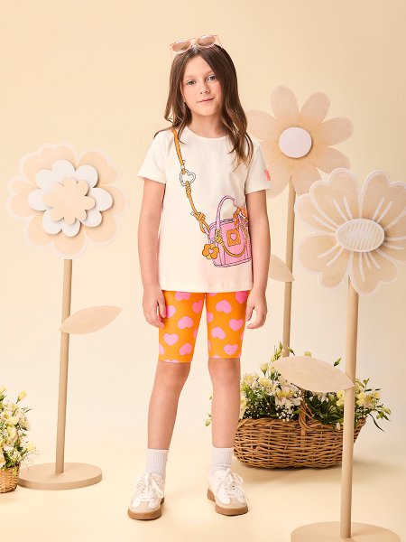Conjunto Infantil Menina Ciclista com Estampa de Bolsinha com Strass Momi
