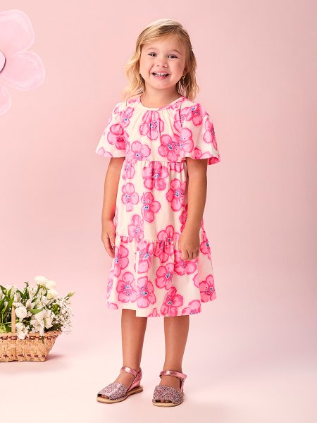 Vestido Infantil Menina com Floral Rosa Neon Momi