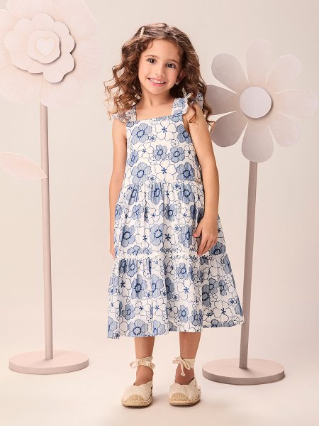 Vestido Infantil Menina de Voil Bordado com Renda Guipir Alças de Babados Momi