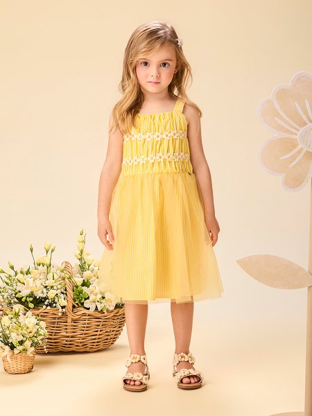 Vestido Infantil Menina Amarelo Manteiga Listrado com Tule e Renda Guipir Momi
