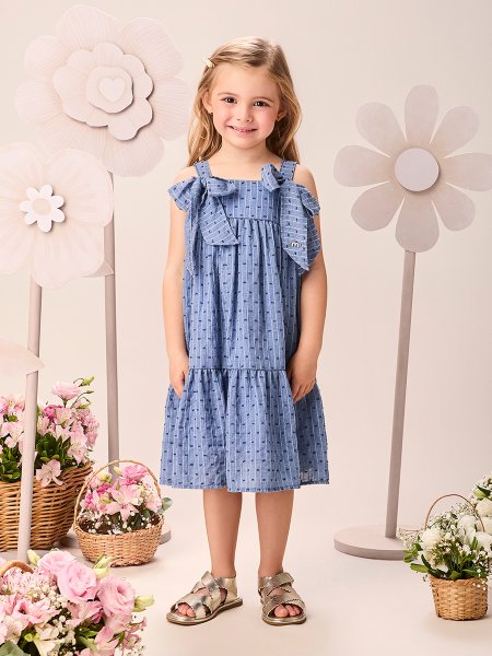 Vestido Infantil Menina de Voil Bordado com Poá Texturizado e Laços Momi