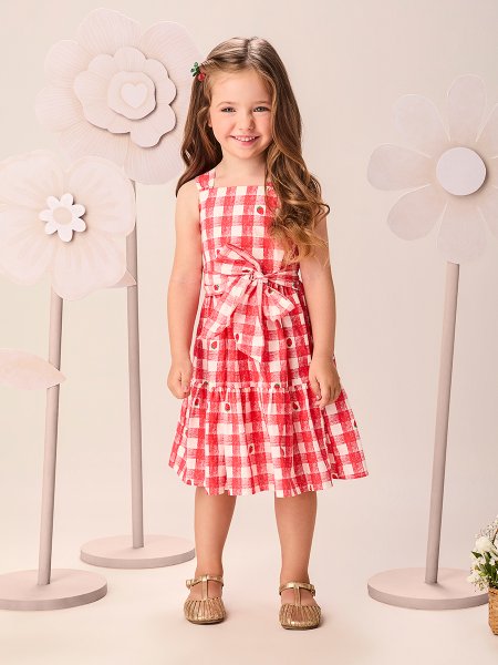 Vestido Infantil Menina de Tricoline de Xadrez Vichy com Laço e Morangos Momi