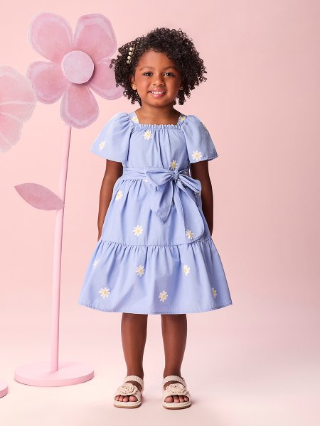 Vestido Infantil Menina de Tricoline com Bordado de Margaridas com Laço Momi