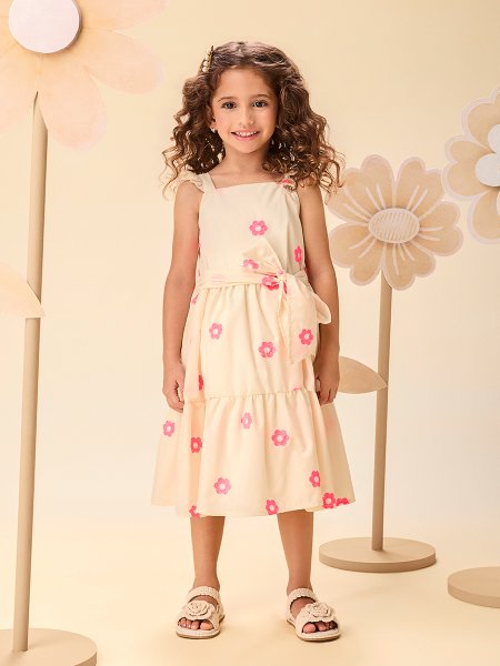 Vestido Infantil Menina de Tricoline com Bordado de Flores Neon e Alças de Renda Momi