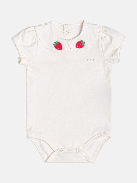 Body Infantil Menina com Gola de Renda Ondinhas e Patch de Morangos Momi